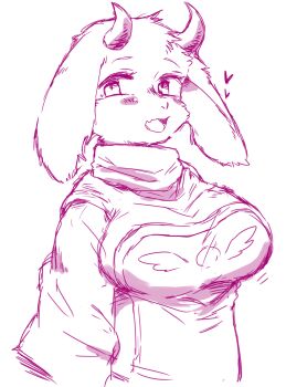 1girl absurdres animal_ears blush breasts chizi female_focus furry furry_female goat_ears happy heart highres horns large_breasts long_sleeves looking_at_viewer monochrome open_mouth simple_background sketch smile solo toriel undertale upper_body utdr_(toby_fox) white_background