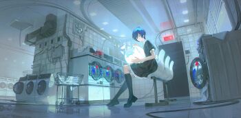 1boy 44xxmm androgynous black_dress black_shoes black_socks blue_eyes blue_hair commentary cracked_egg crossdressing crossdressing_(mtf) dress egg exit_sign highres laundromat laundry_basket male_focus persona persona_3 shoes short_hair sitting socks yuuki_makoto_(persona_3)