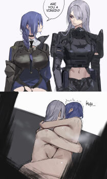 2girls absurdres ak-15_(girls&#039;_frontline) blue_hair braid breasts choker collared_shirt completely_nude dp-12_(girls&#039;_frontline) french_kiss girls&#039;_frontline girls&#039;_frontline_2:_exilium grey_hair helen_(girls&#039;_frontline_2) hickey highres hug huge_breasts implied_futanari kiss large_breasts lipstick_mark long_hair multiple_girls navel necktie nude purple_eyes shirt single_braid sweat tactical_clothes voymastina_(girls&#039;_frontline_2) yone_?_(yone_fatesealed) yuri