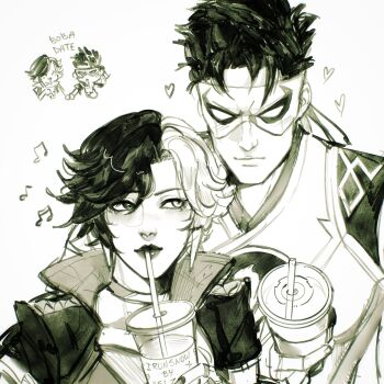 Rule 34 | 1boy, 1girl, bubble tea, commentary, couple, cup, dougi, drinking straw, drinking straw in mouth, eighth note, english commentary, greyscale, heart, hetero, heterochromia, highres, holding, holding cup, iron fist (marvel), jacket, lin lie (marvel), luna snow, marvel, marvel rivals, mask, monochrome, multicolored hair, musical note, sageixx, short hair, sketch, spiked hair, split-color hair, superhero costume, upper body