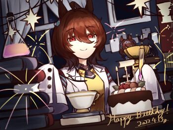 1girl agnes_tachyon_(umamusume) animal_ears black_necktie black_shirt brown_hair cake candle chemical_structure closed_mouth coat collared_shirt cropped cup dated ear_ornament earrings erlenmeyer_flask fire flask flower food fruit hair_between_eyes happy_birthday highres holding holding_cup holding_test_tube horse_ears horse_girl jewelry lab_coat looking_at_viewer necktie open_clothes open_coat pink_flower red_eyes shirt short_hair short_necktie single_earring smile solo strawberry sumikaracafe sweater test_tube umamusume white_coat yellow_sweater