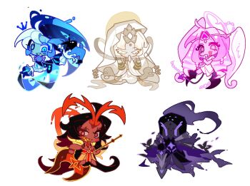 Rule 34 | 2girls, 3boys, antennae, armor, black armor, black helmet, burning spice cookie, cape, chis74, circlet, closed eyes, cookie run, cookie run: kingdom, eternal sugar cookie, fire, grin, hagoromo, helmet, highres, holding, holding sword, holding weapon, long hair, multiple boys, multiple girls, mystic flour cookie, open mouth, parted bangs, purple cape, purple fire, shadow milk cookie, sharp teeth, shawl, silent salt cookie, simple background, smile, sword, teeth, veil, very long hair, weapon, white background, white hair, white veil, white wings, wings