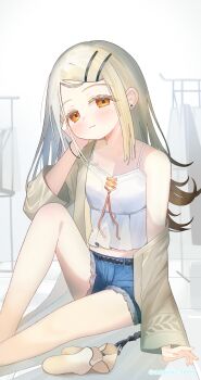1girl :3 absurdres bare_legs blonde_hair blush camisole colored_eyelashes commentary_request denim denim_shorts earrings feet_out_of_frame flipped_hair gakuen_idolmaster grey_hair hand_on_own_cheek hand_on_own_face highres idolmaster jewelry knee_up long_hair looking_at_viewer orange_eyes robe shinosawa_hiro shishiodoshi shoes short_shorts shorts single_bare_shoulder sitting solo stud_earrings unworn_shoes white_camisole white_robe