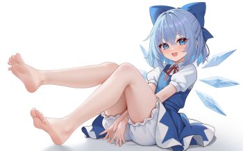 1girl :d arms_between_legs barefoot bloomers blue_bow blue_dress blue_eyes blue_hair bow cirno commentary dress fanteam feet full_body hair_bow hair_intakes highres ice ice_wings light_blush looking_at_viewer neck_ribbon open_mouth own_hands_together pinafore_dress red_ribbon ribbon shirt short_hair sidelocks simple_background sitting sleeveless sleeveless_dress smile soles solo toes touhou underwear white_background white_bloomers white_shirt wings