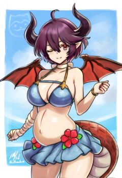 1girl ;) ahoge bandaged_arm bandages bare_shoulders beach bikini bikini_skirt black_horns blue_bikini blue_sky bracelet breasts cleavage closed_eyes collarbone commentary commission cowboy_shot curled_horns dragon_girl dragon_horns dragon_tail dragon_wings english_commentary granblue_fantasy grea_(shingeki_no_bahamut) grea_(summer)_(shingeki_no_bahamut) hair_between_eyes hand_wraps highres horns jewelry ko-fi_commission large_breasts light_blush navel ocean official_alternate_costume one_eye_closed pointy_ears pregnant purple_hair red_eyes red_wings rotomdocs short_hair signature sky smile solo swimsuit tail twitter_username wings