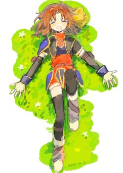 1girl :d =_= absurdres anelace_elfead armor brown_hair commentary_request dated eiyuu_densetsu faulds full_body gloves hairband highres long_hair lying morino_kaoru on_back on_grass open_mouth outstretched_arms pauldrons shoulder_armor single_pauldron smile solo sora_no_kiseki yellow_hairband