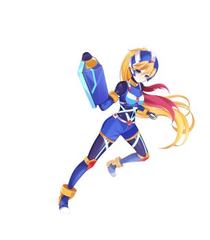 1girl absurdres aizeis alternate_costume alternate_hairstyle arm_cannon armor belt blonde_hair blue_eyes bodystocking boots breasts chest_jewel ciel_(mega_man) commission commissioner_upload elbow_gloves fighting_stance full_body gloves glowing helmet highres knee_pads long_hair looking_at_viewer mechanical_ears mega_man_(series) mega_man_zero_(series) mega_man_zx model_x_(mega_man) non-web_source petite ponytail scarf shorts simple_background small_breasts solo thigh_boots transparent_background weapon