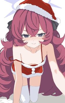 1girl bare_shoulders blue_archive blush bow breasts collarbone commentary_request dress fluffy_hair grey_eyes hair_bow halo hat highres iroha_(blue_archive) kamitosayu kneeling looking_at_viewer reaching reaching_towards_viewer red_hair revealing_clothes santa_costume santa_dress santa_hat simple_background small_breasts solo sweatdrop thighhighs white_background white_thighhighs