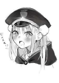 Rule 34 | + +, 1girl, :o, blush, bun cover, commentary request, cropped torso, double bun, drooling, eyes visible through hair, greyscale, hair between eyes, hair bun, hat, heaven burns red, highres, kisaragi yayoi (ksrg yayoi), kunimi tama, long hair, looking ahead, monochrome, mouth drool, open mouth, peaked cap, portrait, simple background, sketch, solo, teeth, translation request, upper teeth only, white background, wide-eyed