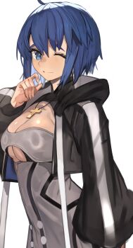 absurdres ahoge bikini black_bikini black_jacket blue_eyes blue_hair breasts c.i.e.l_(fate) ciel_(tsukihime) cleavage commentary cropped_jacket cross cross_necklace fate/grand_order fate_(series) grey_one-piece_swimsuit highres hiro_(user_yhpw4853) jacket jewelry large_breasts latin_cross long_sleeves looking_at_viewer medium_hair multicolored_jacket mysterious_executor_c.i.e.l_(fate) necklace one-piece_swimsuit one_eye_closed smile swimsuit tsukihime two-tone_jacket underboob white_jacket