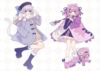 Rule 34 | 2girls, absurdres, alternate costume, animal, animal ear hairband, animal ears, animal in clothes, argyle background, bandaged leg, bandages, beret, black boots, black dress, blue bow, blue coat, blue eyes, blunt bangs, boots, bow, brown scarf, brown sweater, cat ear hairband, cat ears, cattail, closed mouth, coat, crescent, cross-laced clothes, dress, eyepatch, fake animal ears, footwear bow, frilled dress, frilled sleeves, frills, full body, fur-trimmed hood, fur trim, ghost hair ornament, gloves, grey hair, hair bow, hair ornament, hair ribbon, hairband, hairclip, hand in pocket, hand up, hat, heart, heart eyepatch, highres, hood, hood down, hooded coat, kaga sumire, knee boots, long sleeves, looking at viewer, multiple girls, open clothes, open coat, pink gloves, pink poncho, plaid clothes, plaid scarf, plant, polka dot, polka dot bow, pom pom footwear, poncho, purple bow, purple ribbon, ribbon, scarf, scarf bow, shimoyake (lethal penguin), shinomiya runa, short hair, smile, striped bow, sweater, two side up, v, virtual youtuber, vspo!, white background, white hairband, white scarf, x hair ornament, yellow eyes