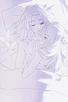 2girls blush breasts butterfly_hair_ornament closed_eyes closed_mouth commentary cuddling greyscale hair_ornament hand_in_another's_hair hickey highres kimetsu_no_yaiba kochou_kanae kochou_shinobu long_hair lying_on_person medium_breasts monochrome multiple_girls nakaniwa_77 nude pillow sleeping under_covers unworn_hair_ornament yuri