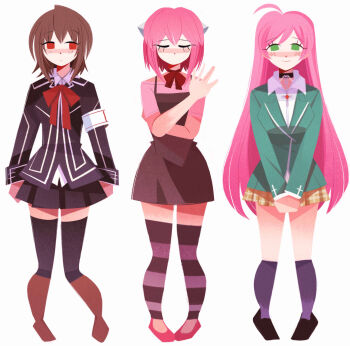 3girls absurdres ahoge akashiya_moka armband black_choker black_dress black_skirt black_socks blazer blush boots bow bowtie brown_boots brown_hair choker closed_eyes collared_shirt commentary cross cross_academy_school_uniform cross_necklace cross_yuki dress elfen_lied emmyluvscookies english_commentary expressionless eyelashes flats green_jacket highres horns jacket jewelry kneehighs long_hair looking_to_the_side lucy_(elfen_lied) medium_hair multiple_girls necklace no_lineart no_mouth own_hands_clasped own_hands_together pigeon-toed pink_hair pink_shirt plaid_clothes plaid_skirt pleated_skirt red_bow red_eyes red_shoes rosario+vampire school_uniform shirt shoes skirt socks strapless strapless_shirt striped_clothes striped_thighhighs thighhighs vampire_knight white_armband yellow_skirt youkai_academy_school_uniform zettai_ryouiki