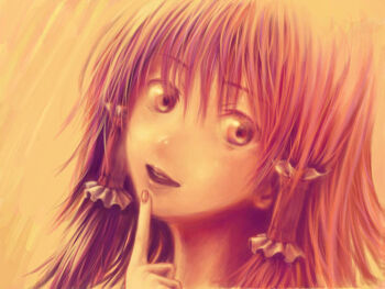 1girl :d bad_tag close-up female_focus finger_to_mouth hair_tubes hakurei_reimu looking_at_viewer monochrome open_mouth orange_theme sidelocks smile solo touhou