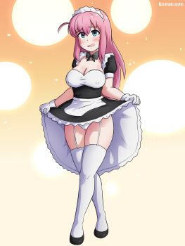 1girl artist_name black_bow black_bowtie black_dress black_shoes blue_eyes blush bocchi_the_rock! bow bowtie breasts cleavage clothes_lift covered_erect_nipples dress dress_lift embarrassed female_focus frilled_dress frills full_body garter_straps gloves gotoh_hitori hands_up konan_exe large_breasts lifting_own_clothes long_hair looking_at_viewer maid maid_headdress nervous open_mouth orange_background panties pink_hair shoes simple_background solo standing thighhighs two-tone_background two-tone_dress underwear wavy_mouth white_background white_dress white_gloves white_panties white_thighhighs