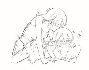 1futa 1girl bang_dream! bang_dream!_it&#039;s_mygo!!!!! blush camisole futa_with_female futanari greyscale hair_between_eyes heart highres hugging_object implied_futanari jenjen kissing_head mole mole_under_eye monochrome pillow pillow_hug protected_link sex sex_from_behind shiina_taki simple_background spoken_heart white_background yahata_umiri