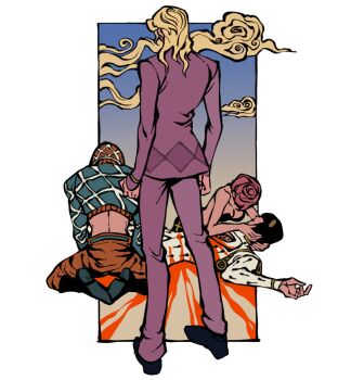 1girl 3boys argyle_clothes argyle_hat argyle_jacket argyle_sweater back belt black_boots black_hair black_shoes blonde_hair blood blue_belt bob_cut boots bracelet bruno_bucciarati clamchowder55 cloud crop_top formal_clothes from_behind giorno_giovanna guido_mista hair_ornament hairclip hat highres jacket jewelry jojo_no_kimyou_na_bouken kneeling long_hair long_sleeves lying midriff multiple_boys pants pink_hair pink_jacket pink_pants red_hat red_pants shoes sitting standing suit sweater trish_una unconscious vento_aureo white_hat white_jacket yellow_cloud zipper_pull_tab