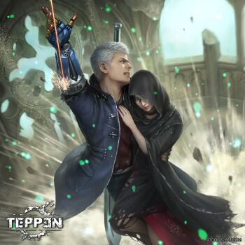 1boy 1girl ada_wong amputee asian black_hair blue_jacket brown_eyes capcom chinese_clothes choker church cloak company_connection crossover devil_may_cry_(series) devil_may_cry_5 dress grappling_hook grey_eyes grimace highres jacket kuroiwa_enu nero_(devil_may_cry) official_art open_clothes open_jacket prosthesis prosthetic_arm resident_evil resident_evil_4 short_hair smile sparks sword teppen weapon white_hair