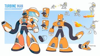 2boys android aqua_eyes artist_name battle blue_background boots border character_name commentary dark_skin english_commentary fire from_behind from_side hat helmet highres looking_at_viewer mask mega_man:_dual_override mega_man_(character) mega_man_(classic) mega_man_(series) mega_man_robot_master_design_contest mouth_mask multiple_boys multiple_views oc_x_canon orange_boots orange_helmet original reference_sheet shako_cap simple_background standing thigh_boots tomycase turbine vacuum_cleaner white_border