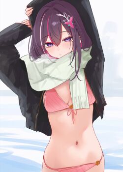 1girl arms_up azki_(hololive) bikini black_jacket blush breasts closed_mouth double-parted_bangs flower front-tie_bikini_top front-tie_top hair_flower hair_ornament hashtag-only_commentary highres hololive jacket large_breasts looking_at_viewer mole mole_under_eye multicolored_hair navel open_clothes open_jacket pink_bikini pink_flower purple_eyes purple_hair rifufu scarf solo steam stomach streaked_hair string_bikini swimsuit upper_body virtual_youtuber white_scarf