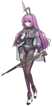 1girl absurdres animal_ears aqua_eyes boots carcano_m91/38_(girls&#039;_frontline) cheogtanbyeong commentary_request fake_animal_ears frilled_sleeves frills girls&#039;_frontline gloves high_heel_boots high_heels highres jacket korean_commentary leotard long_hair looking_at_viewer purple_gloves purple_hair purple_thighhighs rabbit_ears solo standing thigh_strap thighhighs very_long_hair white_background