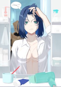 1girl armor bathroom blue_hair breasts closed_mouth disgust full_armor green_eyes hand_up hekate_(hero_killer) hero_killer kenooba mirror no_bra open_clothes open_shirt scissors short_hair speech_bubble thought_bubble toothbrush toothpaste upper_body