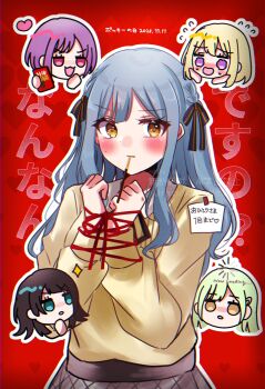 5girls :3 asahi_rise ave_mujica_(bang_dream!) bang_dream! bang_dream!_it&#039;s_mygo!!!!! black_hair black_ribbon blonde_hair blue_eyes blue_hair blush bound bound_wrists brown_shirt chibi closed_mouth commentary_request food green_hair hair_ornament hair_ribbon hairclip heart highres loading_icon long_hair medium_hair misumi_uika mole mole_under_eye mouth_hold multiple_girls open_mouth pink_eyes pocky pocky_day purple_eyes purple_hair red_ribbon ribbon shirt short_hair sidelocks sweatdrop togawa_sakiko wakaba_mutsumi yahata_umiri yellow_eyes yuutenji_nyamu