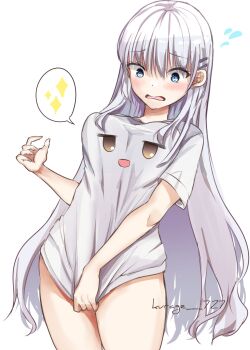 Rule 34 | 1girl, :d, blue eyes, blush, breasts, character print, commentary request, cowboy shot, downturned eyes, eyes visible through hair, flying sweatdrops, frown, furrowed brow, hair behind ear, hair between eyes, hair ornament, hairclip, hand up, highres, kurage (kurage19), large breasts, long hair, looking down, naked shirt, naruse shiroha, open mouth, parallel hairclips, print shirt, shirt, shirt tug, short sleeves, sidelocks, simple background, smile, solo, speech bubble, spoken sparkle, summer pockets, thighs, twitter username, very long hair, wavy mouth, white background, white hair, white shirt