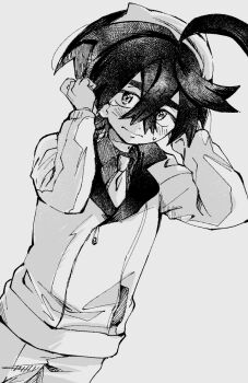 1boy blush closed_mouth collared_shirt crossed_bangs crying crying_with_eyes_open greyscale hair_between_eyes hairband highres jacket kieran_(pokemon) long_sleeves looking_at_viewer male_focus mole mole_on_neck monochrome necktie nintendo pokemon pokemon_sv shibahu_no_niwa shirt shorts simple_background solo tears