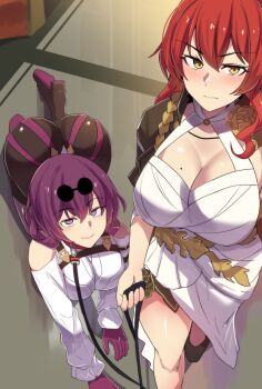 2girls absurdres ass bare_shoulders black_shoes breasts chest_harness clothing_cutout dress gloves harness highres himeko_(honkai:_star_rail) hinghoi holding holding_leash honkai:_star_rail honkai_(series) kafka_(honkai:_star_rail) large_breasts leash long_sleeves mole mole_on_breast multiple_girls purple_eyes purple_gloves purple_hair red_hair shirt shoes short_hair shoulder_cutout standing sunglasses white_dress white_shirt yellow_eyes