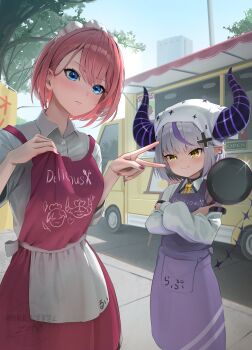 2girls absurdres apron artist_name black_horns blue_eyes blush closed_mouth clothes_writing cross_hair_ornament crossed_arms day demon_girl demon_horns demon_tail detached_sleeves dress_shirt ear_piercing food_truck frying_pan grey_hair hair_ornament headscarf highres hololive horns la+_darknesss looking_at_viewer maid_headdress multicolored_hair multiple_girls nose_blush o-ring outdoors piercing pink_apron pink_hair pointy_ears purple_apron purple_hair purple_horns red_nails shirt smug streaked_hair striped_horns tail takane_lui v v-shaped_eyebrows virtual_youtuber white_apron white_sleeves yellow_eyes zote_illust