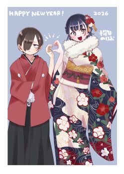 1boy 1girl 2026 :d alternate_hairstyle artist_name bags_under_eyes black_hakama blue_background blue_eyes blue_hair boku_no_kokoro_no_yabai_yatsu brown_eyes brown_hair commentary_request floral_print floral_print_kimono furisode hair_ornament hair_over_one_eye hair_up hakama haori happy_new_year heart heart_hands heart_hands_duo highres ichikawa_kyoutarou japanese_clothes kanzashi kimono light_frown new_year obi official_artist_extra open_mouth print_kimono red_haori sakurai_norio sash simple_background smile teeth tsumami_kanzashi upper_teeth_only yamada_anna