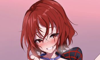 1girl blush commentary_request commission highres horikawa_raiko looking_at_viewer necktie pink_background purple_necktie red_eyes skeb_commission solo sweat touhou yoshinatsu