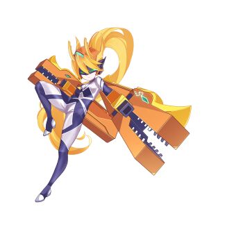 1girl absurdres aizeis alternate_costume arm_cannon blonde_hair bodystocking boots breasts ciel_(mega_man) commission commissioner_upload dragon_horns fake_horns flamethrower forehead_jewel frown full_body gauntlets gloves glowing glowing_eyes helmet highres holding holding_weapon horned_helmet horns long_hair mega_man_(series) mega_man_zero_(series) mega_man_zx model_f_(mega_man) no_armor non-web_source petite ponytail small_breasts solo thigh_armor transparent_background weapon