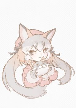 1girl animal_ears extra_ears fox_ears fox_girl gloves grey_background grey_hair hat highres island_fox_(kemono_friends) jacket kemo24vv kemono_friends kemono_friends_v_project looking_at_viewer necktie ribbon simple_background stuffed_animal stuffed_toy twintails upper_body virtual_youtuber yellow_eyes