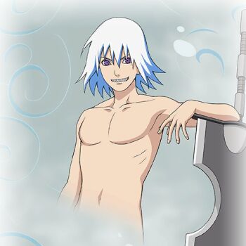 abs blue_streaks furrowed_brow hoozuki_suigetsu implied_nudity leaning_on_weapon looking_at_viewer masashi_kishimoto naruto_(series) naruto_shippuuden official_art sharp_teeth shirt smile sword teeth underwater unworn_shirt weapon white_hair