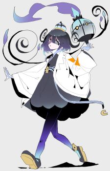 1girl absurdres black_dress black_hair blue_gloves blunt_bangs bob_cut chandelure coat cttn1117 dress fire gen_5_pokemon gloves gradient_hair gwynn_(pokemon) hat highres holding long_sleeves multicolored_hair nintendo open_clothes open_coat open_mouth pantyhose partially_fingerless_gloves pokemon pokemon_(creature) pokemon_legends:_z-a purple_eyes purple_fire purple_hair short_hair white_coat yellow_eyes