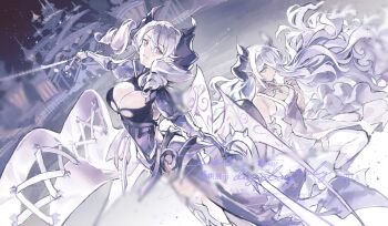 1girl bare_shoulders breasts cleavage commentary_request demon_girl demon_horns demon_wings dress duel_monster dutch_angle grey_eyes holding holding_sword holding_weapon horns lady_labrynth_of_the_silver_castle lady_labrynth_of_the_silver_castle_(alternate_art) liiiyeee long_hair looking_at_viewer lovely_labrynth_of_the_silver_castle official_alternate_costume official_alternate_hairstyle pointy_ears sword weapon white_dress white_wings wings yu-gi-oh!