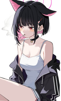 1girl alternate_costume animal_ears bare_shoulders black_choker black_hair black_hoodie blue_archive blush breasts camisole cat_choker cat_ears cat_girl choker cleavage closed_mouth collarbone colored_inner_animal_ears colored_inner_hair extra_ears hair_ornament hairclip hakusimi_8943 halo highres hood hoodie jacket jacket_partially_removed kazusa_(blue_archive) looking_to_the_side medium_breasts multicolored_hair open_clothes open_hoodie pink_hair pink_halo red_eyes short_hair simple_background sitting smoke smoking solo two-tone_hair white_background white_camisole