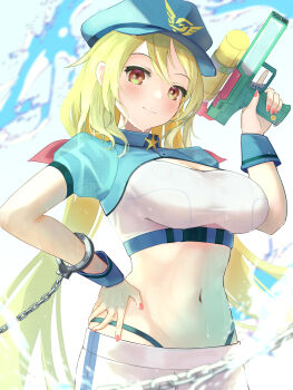 1girl absurdres bemani blonde_hair breasts cuffs handcuffs hat highres holding holding_water_gun large_breasts long_hair looking_at_viewer midriff nail_polish navel orange_eyes pink_nails police police_hat police_uniform policewoman sherry_f._arresters smile solo sound_voltex tongari_kin very_long_hair water_gun