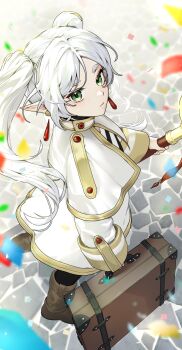 1girl boots brown_boots cika_k closed_mouth cobblestone commentary_request confetti earrings elf expressionless floating_earrings forehead foreshortening frieren from_above from_behind full_body green_eyes grey_hair highres holding holding_staff holding_suitcase jacket jewelry long_hair long_sleeves looking_at_viewer looking_to_the_side looking_up mage_staff outdoors pointy_ears shrug_(clothing) solo sousou_no_frieren staff standing suitcase teardrop_earrings turning_head twintails white_jacket white_shrug