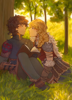 1boy 1girl absurdres armor artist_name astrid_hofferson blonde_hair blue_eyes book brown_hair commentary day english_commentary grass hiccup_horrendous_haddock_iii highres how_to_train_your_dragon_(series) kobrafangs long_hair messy_hair open_book outdoors pauldrons red_shirt shirt shoulder_armor sitting sleeveless sleeveless_shirt tree