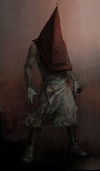 1boy blood commentary_request gloves great_knife hat helmet highres katekari_yuusuke male_focus monster pale_skin pyramid_head silent_hill silent_hill_(series) silent_hill_2 solo sword weapon