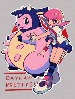 1girl :d black_socks blue_shorts bright_pupils buttons commentary_request english_text gen_2_pokemon grey_background hair_ornament hairclip happy highres holding holding_poke_ball jacket knees long_hair miltank nintendo ok_ko19 open_mouth outline pink_hair poke_ball pokemon pokemon_(creature) pokemon_hgss purple_eyes shoes short_sleeves shorts smile socks striped_clothes striped_socks twintails white_jacket white_pupils whitney_(pokemon)
