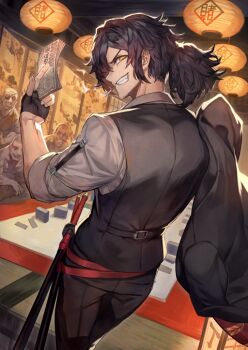 4boys banknote beard_stubble between_fingers black_gloves black_hair black_jacket black_pants black_vest cigarette collared_shirt dress_pants dress_shirt facial_hair fate/grand_order fate_(series) feet_out_of_frame fingerless_gloves folding_screen foreshortening from_behind gloves grey_shirt grin hair_over_one_eye half_gloves hand_up hands_up holding holding_jacket holding_money holding_unworn_clothes indoors jacket katana lack lantern looking_at_viewer looking_back male_focus medium_hair money mouth_hold multiple_boys official_art okada_izou_(fate) okada_izou_(i&#039;m_one_dapping_fella)_(fate) pants paper_lantern ponytail sheath sheathed shirt sidelocks sleeves_rolled_up smile smoke smoke_trail smoking solo_focus stubble sword tatami teeth third-party_source unworn_jacket variant_set vest waistcoat weapon yellow_eyes