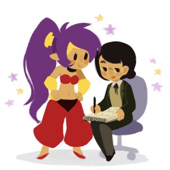 2girls arabian_clothes artist_self-insert bare_shoulders black_hair bra choker dark_skin dark-skinned_female drawing flat_color gigi_d.g. glasses harem_pants jewelry long_hair lots_of_jewelry lowres midriff multiple_girls navel pants pantyhose pointy_ears ponytail purple_hair shantae shantae_(series) short_hair strapless strapless_bra tiara underwear very_long_hair wayforward