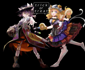 Rule 34 | 2girls, animal ears, animal hands, black background, black boots, black corset, black hair, black hat, black skirt, blonde hair, blue dress, blue eyes, blue shirt, boots, bow, cat ears, cat girl, cat paws, coat, commentary, cork, corset, dress, hand up, hat, hat bow, hat ribbon, heterochromia, highres, kemonomimi mode, lab coat, long hair, looking at viewer, maribel hearn, minus (sr mineka), multicolored dress, multiple girls, multiple tails, nekomata, parted lips, puffy short sleeves, puffy sleeves, rainbow-colored septentrion, red dress, ribbon, shirt, short hair, short sleeves, simple background, skirt, smile, socks, tail, test tube, touhou, trick or treat, uneven eyes, usami renko, white bow, white coat, white ribbon, white socks, yellow eyes