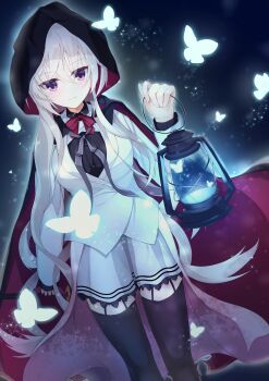 1girl absurdres akizuki_kanna arm_at_side black_cape black_shirt black_thighhighs blue_butterfly blush bow bowtie bug butterfly cafe_stella_to_shinigami_no_chou cape closed_mouth commentary_request dutch_angle eyes_visible_through_hair feet_out_of_frame frilled_skirt frills garter_straps glowing_butterfly hair_between_eyes hand_up highres holding holding_lantern hood hood_up hooded_cape insect jacket lantern light_particles long_hair long_sleeves looking_at_viewer miniskirt obsidiaki purple_eyes red_bow red_bowtie red_cape shirt simple_background skirt smile solo standing thighhighs two-sided_cape two-sided_fabric very_long_hair white_hair white_jacket white_skirt zettai_ryouiki