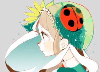 1girl beetle blush brown_eyes brown_hair bug collared_shirt female_focus flower insect ladybug leaf leaf_hat leaf_on_head long_hair matching_hair/eyes nucco original profile shirt simple_background solo sunflower surreal