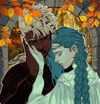 1boy 1girl alternate_costume arcane:_league_of_legends arcane_jinx arch autumn babu_(babushkahihi) black_eyes blue_hair braid branch buzz_cut closed_eyes dark-skinned_male dark_skin dreadlocks dress earrings ekko_(league_of_legends) firelight_ekko forest hand_on_another&#039;s_chin headband hetero highres holding_hands hug jewelry jinx_(league_of_legends) league_of_legends long_hair looking_at_another nature orange_leaf outdoors outline river short_hair tree very_long_hair very_short_hair white_dress white_hair white_outline